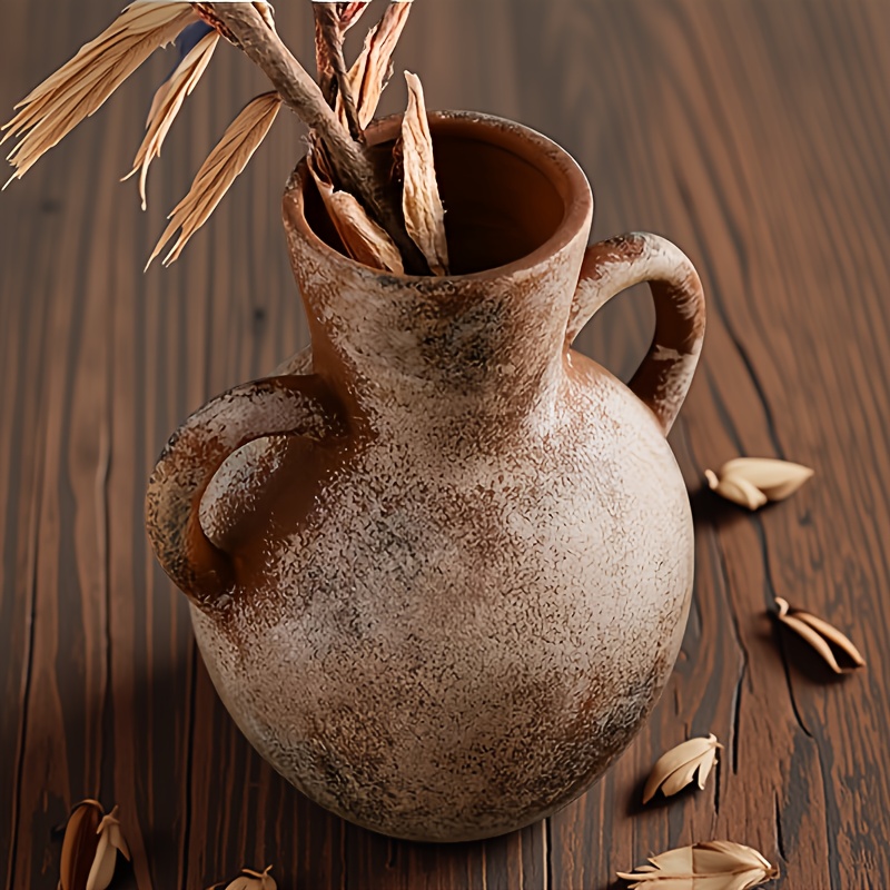 TEMU 1pc Rustic Double Handle Ceramic Decorative Vase, Rustic Farmhouse Vase, Double Handle Vase, Vintage Aged Vase, Cylindrical Vase, For Eucalyptus