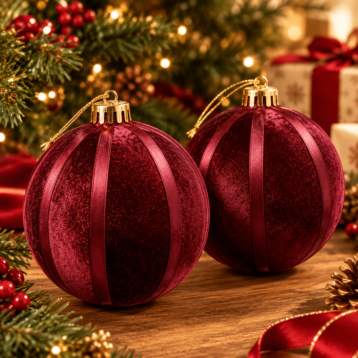 TEMU 2pcs Premium Velvet Christmas Ornaments – Festive Spherical Hanging Decorations, 5.9-inch Large Size, New Christmas Ornament Balls, Durable And