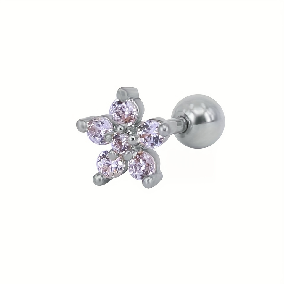 TEMU 1pc Flower Synthetic Synthetic Zirconia Stud Earrings For Women Ear Piercing Stainless Steel Barbell Cartilage Tragus Helix Conch Body Jewelry