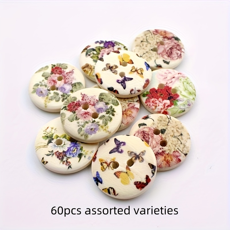 Image of Random 60pcs Mixed Styles 20mm 2-hole Vintage Decorative Wooden Buttons, Hand-painted Floral , Exquisite Pattern For Clothing, Headbands, Bags, Belts, Scarves, Curtains And Home Textiles