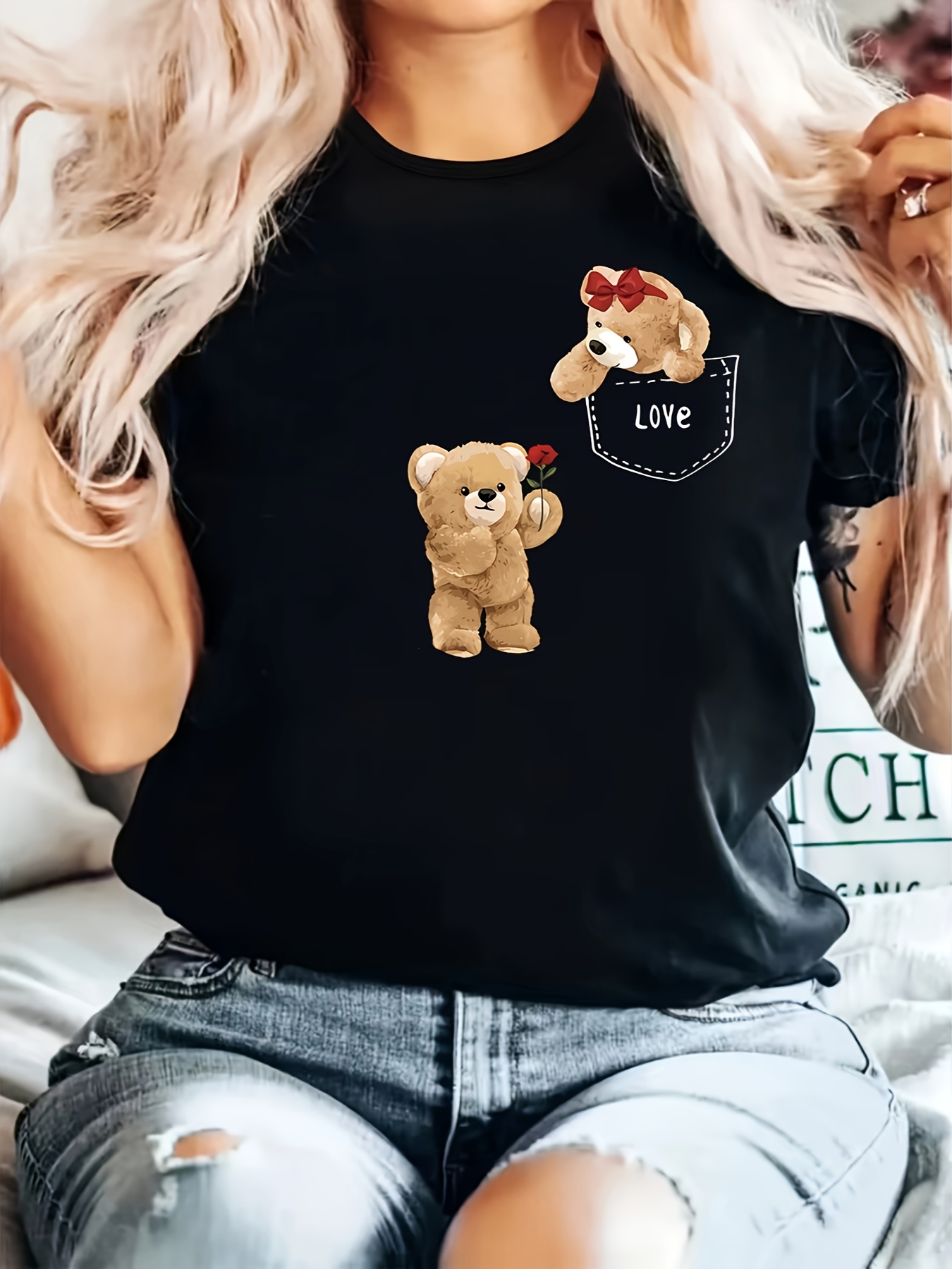 womens black cute   graphic t shirt soft round neck short sleeve casual   washable     fit teddy bear t shirt durable fabric shirt Product details 0