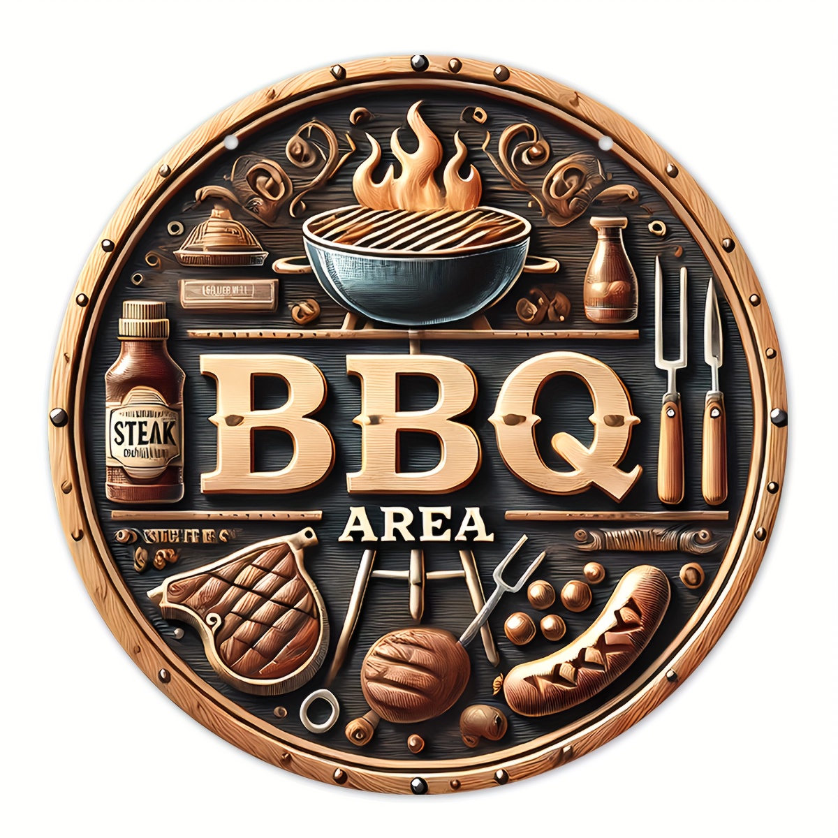 

Vintage 8 Inch Round Aluminium Bbq Area Sign: Perfect For Outdoor Walls, Garages, And Patios - Farmhouse, Garden, And Barbecue Decor