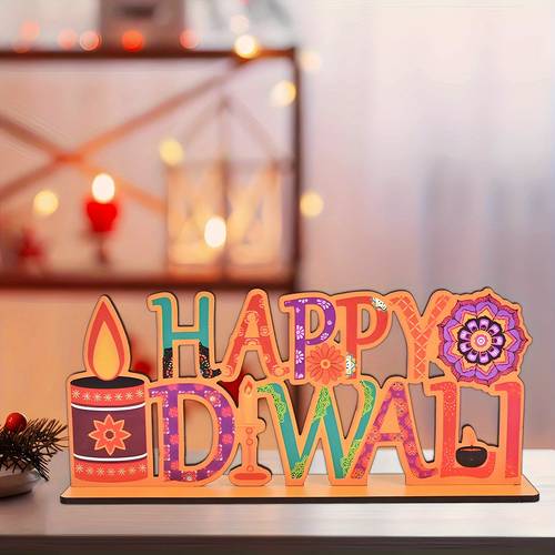 2d flat festive wooden happy diwali sign with candle vibrant orange pink and purple colors ideal for indian diwali celebrations festive table centerpiece for home outdoor and classroom decor portable and easy to display festive table decor vibrant diwali design durable wood sign diwali decorations