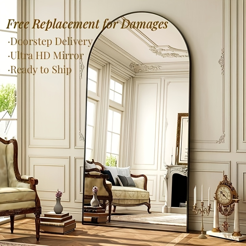 180 X 75 Cm Modern Black Arched Full-length Mirror, Large Body Mirror, Floor-standing Dressing Mirror, Tilted Or Wall-mounted High-definition Glass Mirror