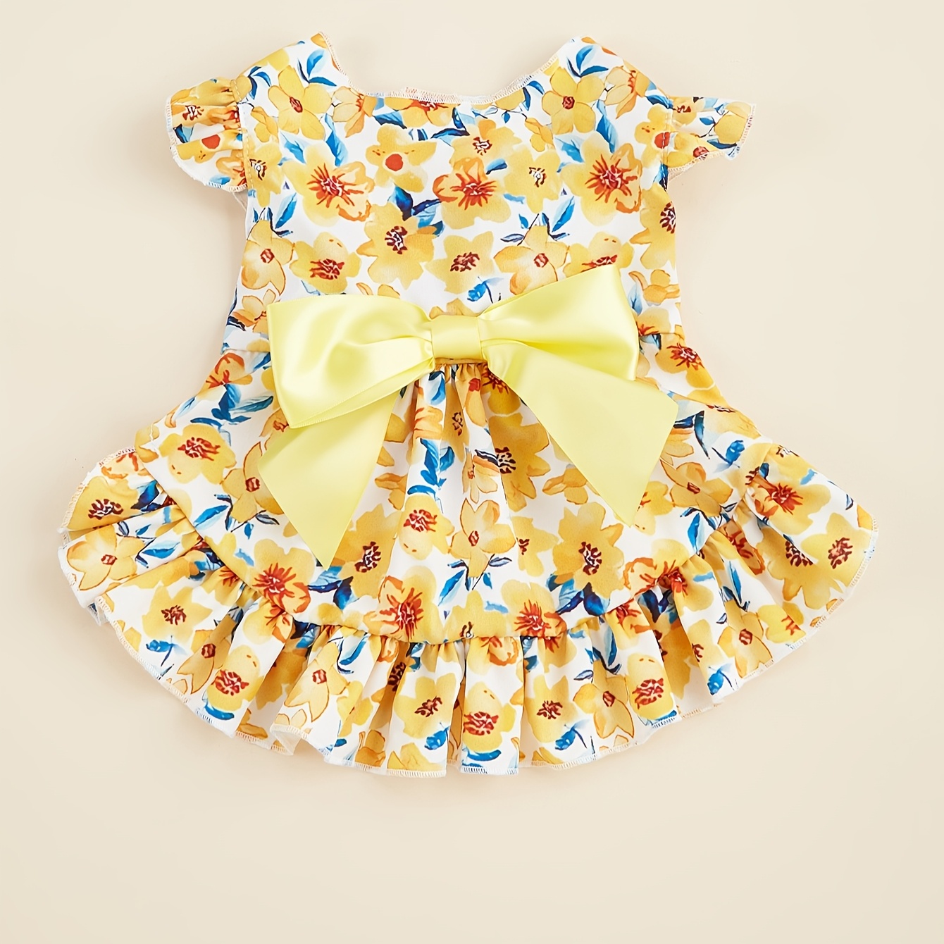 TEMU Floral Pet Dress With Bow, Breathable Polyester 100% Woven Snap Button Summer Skirt For Small To Large Breeds, Machine Washable - Spring/autumn Fashion