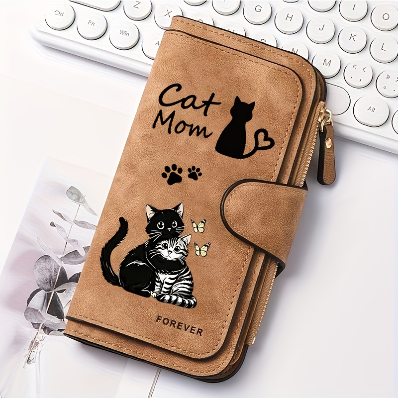 TEMU Retro Fashion Women's Wallet, Cute Kitten Print, Casual Stylish Purse, Ample Card Slots, Credit Card Holder, Bifold Design, Zippered Coin Purse,
