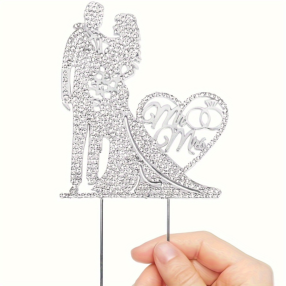 TEMU Crystal Wedding Cake Topper: Bride And Groom Design For Wedding Ceremony & Anniversary Party (golden/silver)