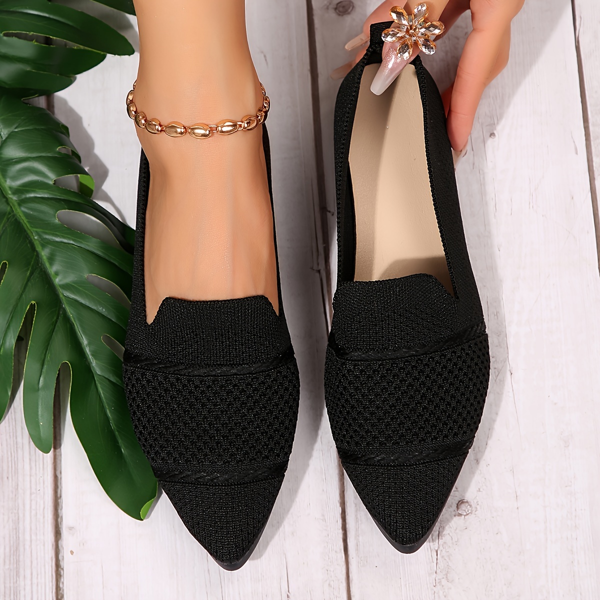 Elegant Ballet Flat Shoes For Women, Slip-On Breathable Soft Sole Daily Knitted Ballets, Point Toe Daily Wear