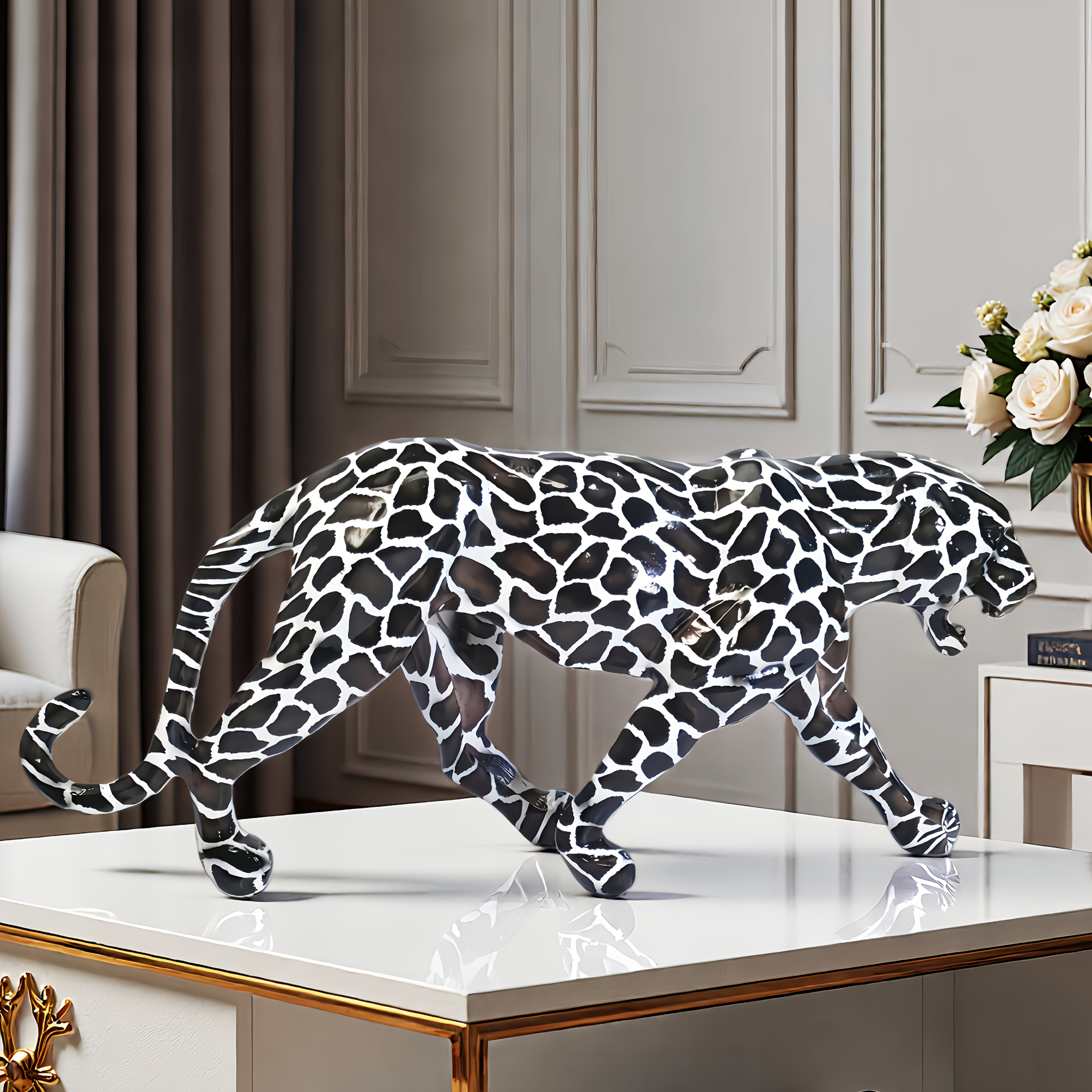 Statement Leopard Sculpture, Reject the Ordinary with This Black & White Leopard Art Figurine, a Symbol of Ambition for Office Desk & Entryway, Perfect Gift for the Driven