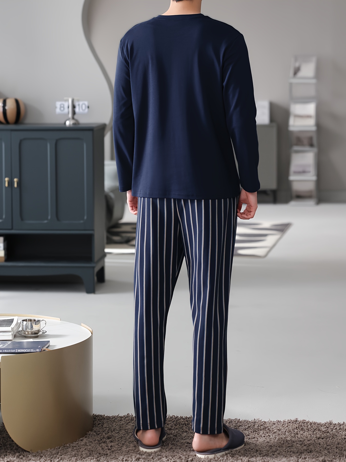 Men's Navy Blue Cotton Pajama Set - Long Sleeve, Crew Neck with Chest Pocket & Striped Elastic Waist Pants, Casual Comfortable Loungewear for Spring/Autumn, Plus Size Available, Plus Size Pajama Set