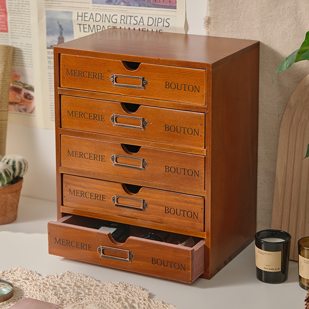 

1pc Wooden Five-layer Drawer Type Storage Cabinet, Home Desktop Retro Storage Box, Small Countertop Perfume Storage Box, Finishing Cabinet, Home Room Decor