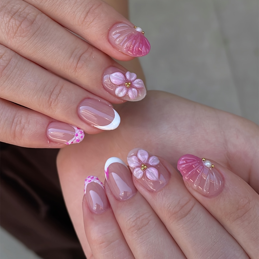 TEMU 24 stuks Korte Ovale Druk-Nagels, Transparante Nude Roze Basis Witte French Tips, 3D Roze Bloemen, Roze Schelp met Parel en Kleine Gouden Kraal,