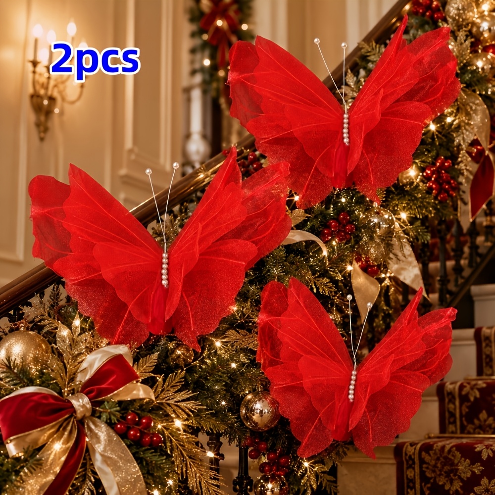 TEMU 2pcs Large Bohemian 3d Laser Yarn Red Ornaments - Realistic Hanging Suitable For Christmas Tree, Fireplace, Window Decorations, Wedding &