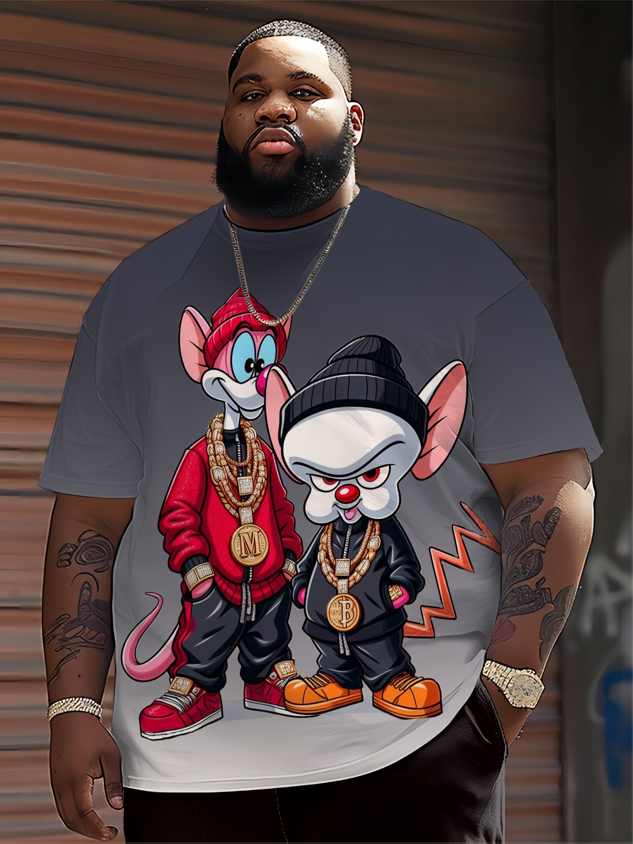 Men'S Hip-Hop Cartoon Animal Print T-Shirt, Casual Crew Neck Short Sleeve Top, 100% Polyester Knit Fabric, Slight Stretch, Regular Fit, Summer Streetwear for Running & Daily Wear, Plus Size