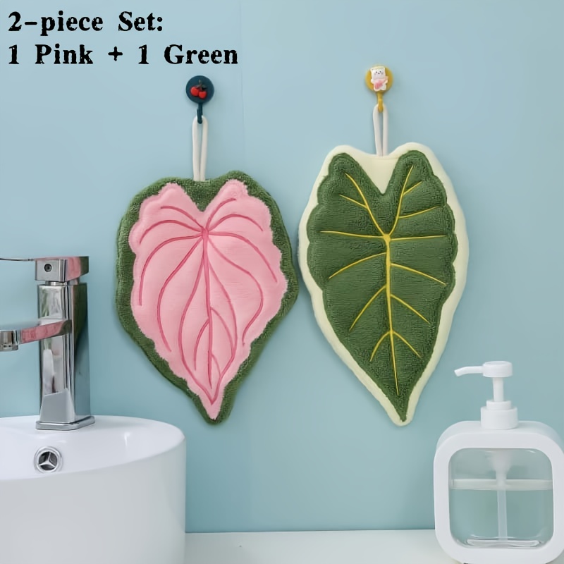 E-shop 2er/1er Set Korallenfleece Blatt-Geschirrtücher, , Schnelltrocknend, Gestickte Blatt-Design Hängetücher, Küchentücher, Badezimmertücher, Hohe