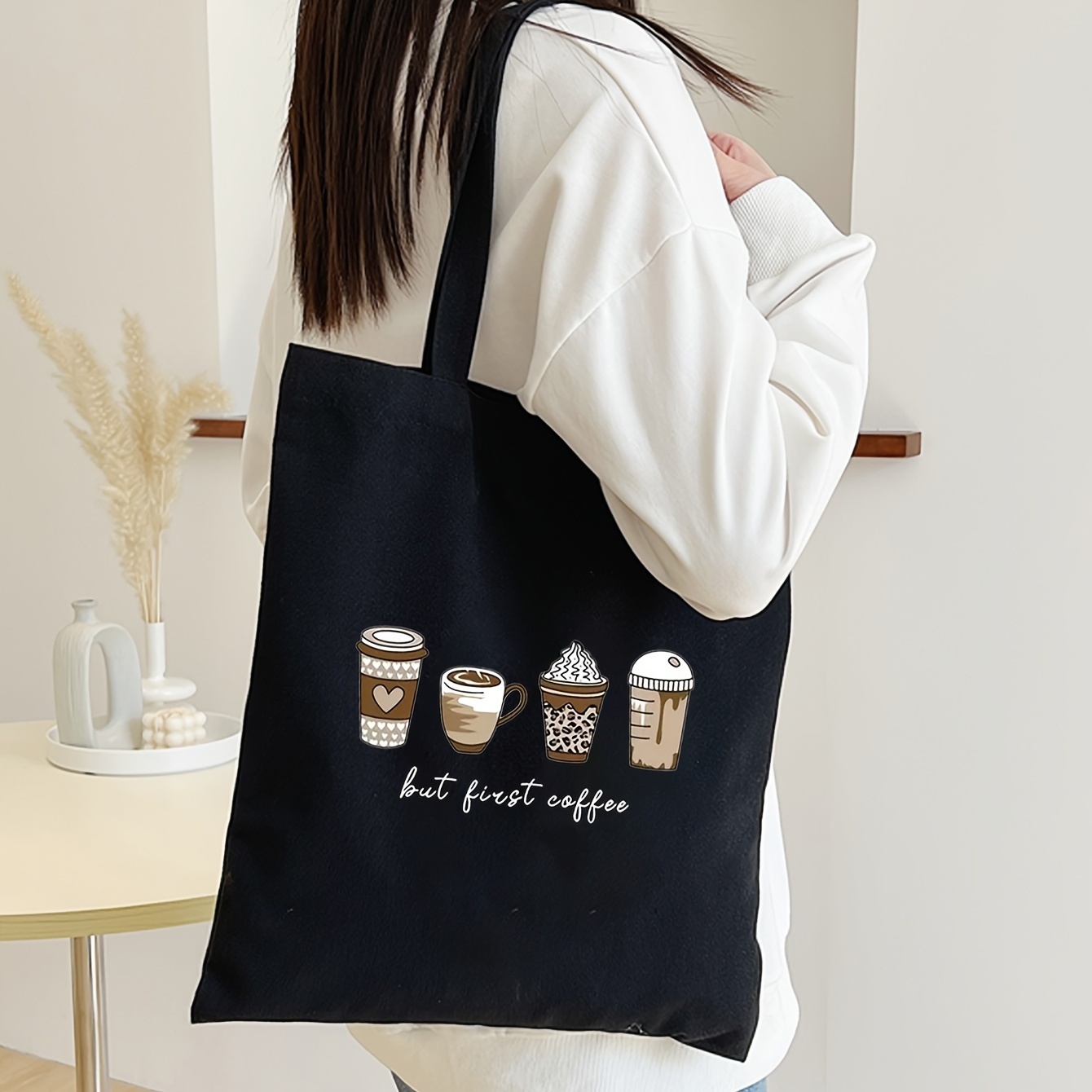

Canvas Tote Bag For Women, "but First Coffee" Print, Stylish Large Reusable Shopping Bag, Convenient Travel Storage