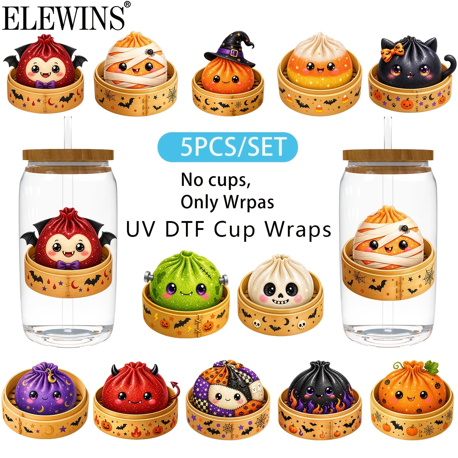 TEMU 5pcs Halloween Cute Glitter Dumpling Uv Transfer, Waterproof And Scratch Resistant Cup Wraps Transfer For Diy Crafts, Suitable For 16oz, 40oz