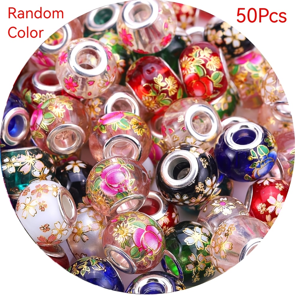 

50pcs European-style Glass Beads With Large Holes, 15mm - Assorted Colors, Floral Patterns For Making - Ideal For Bracelets & Necklaces