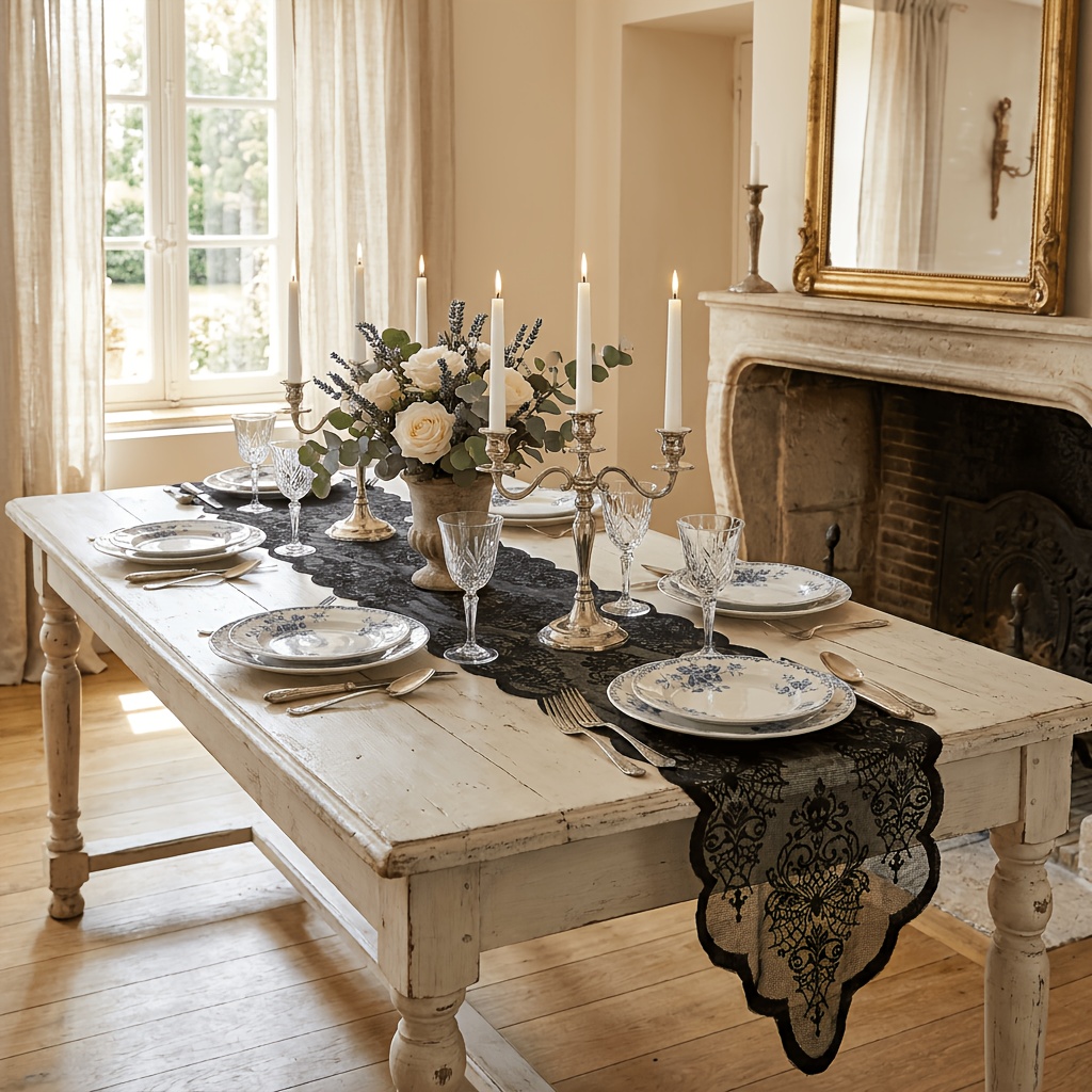 TEMU Drapeau de table d'Halloween avec motif en dentelle noire - Décoration de table à adaptée pour table à manger, manteau de cheminée, meuble TV -