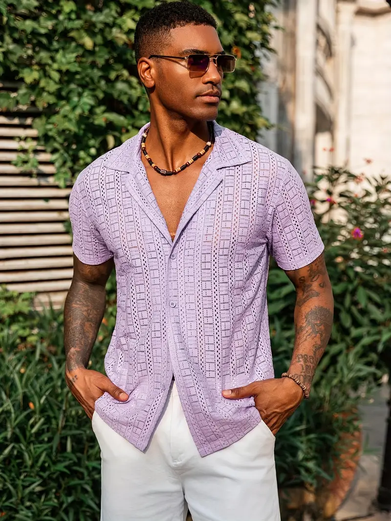 mens floral lace short sleeve hollow see casual button - Temu mens floral lace short sleeve hollow see casual button - Temu