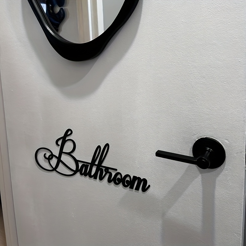 Image of Black Plastic Frameless Door-mounted Bathroom Sign - No-drill Directional Lettering "bathroom" Door Plate Suitable For Home & Hotel Bathrooms,  halloween Christmas Decoration