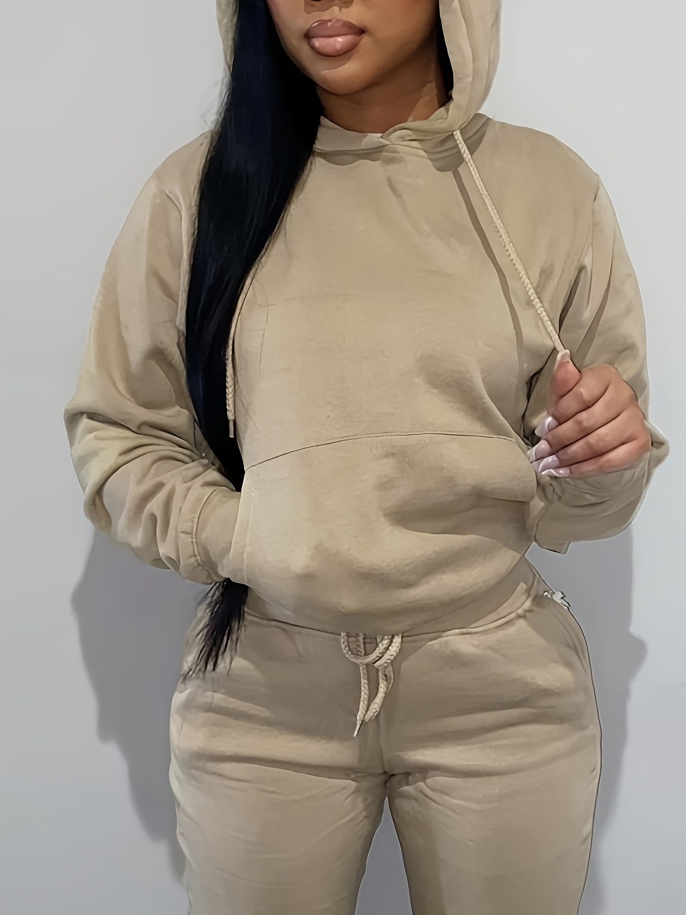 Women'S Solid Color Polyester Hoodie with Kangaroo Pocket, Fall Season Regular Length Pullovers, 100% Polyester Knit Fabric, 190g/m? - Cozy Casual Wear