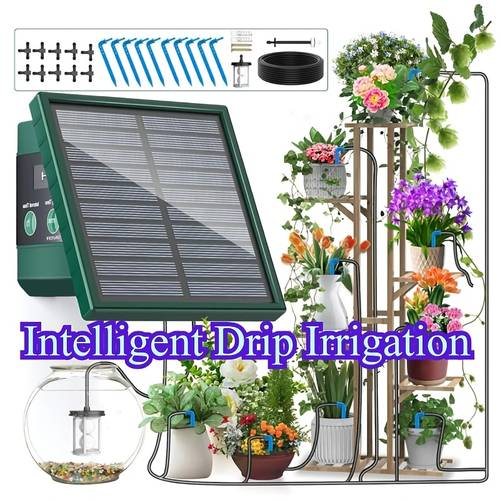 automatic watering solar energy solar garden drip irrigation programmer adjustable irrigation mode drip irrigation system with 10 meters of hose and 10 drip irrigators suitable for indoor balcony drip irrigation and watering plants