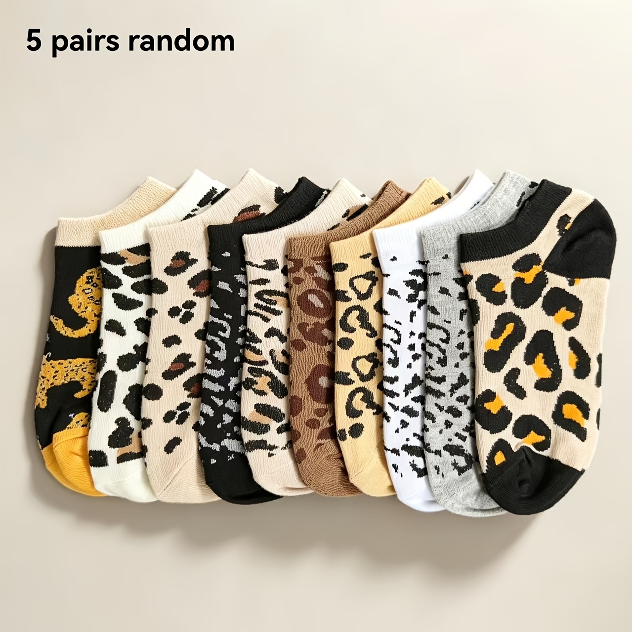 TEMU 5-pair Random Style Women's Leopard Print No-show Socks, Low-cut Ankle Socks, Fashionable Footwear Socks, Suitable For Summer Daily Wear