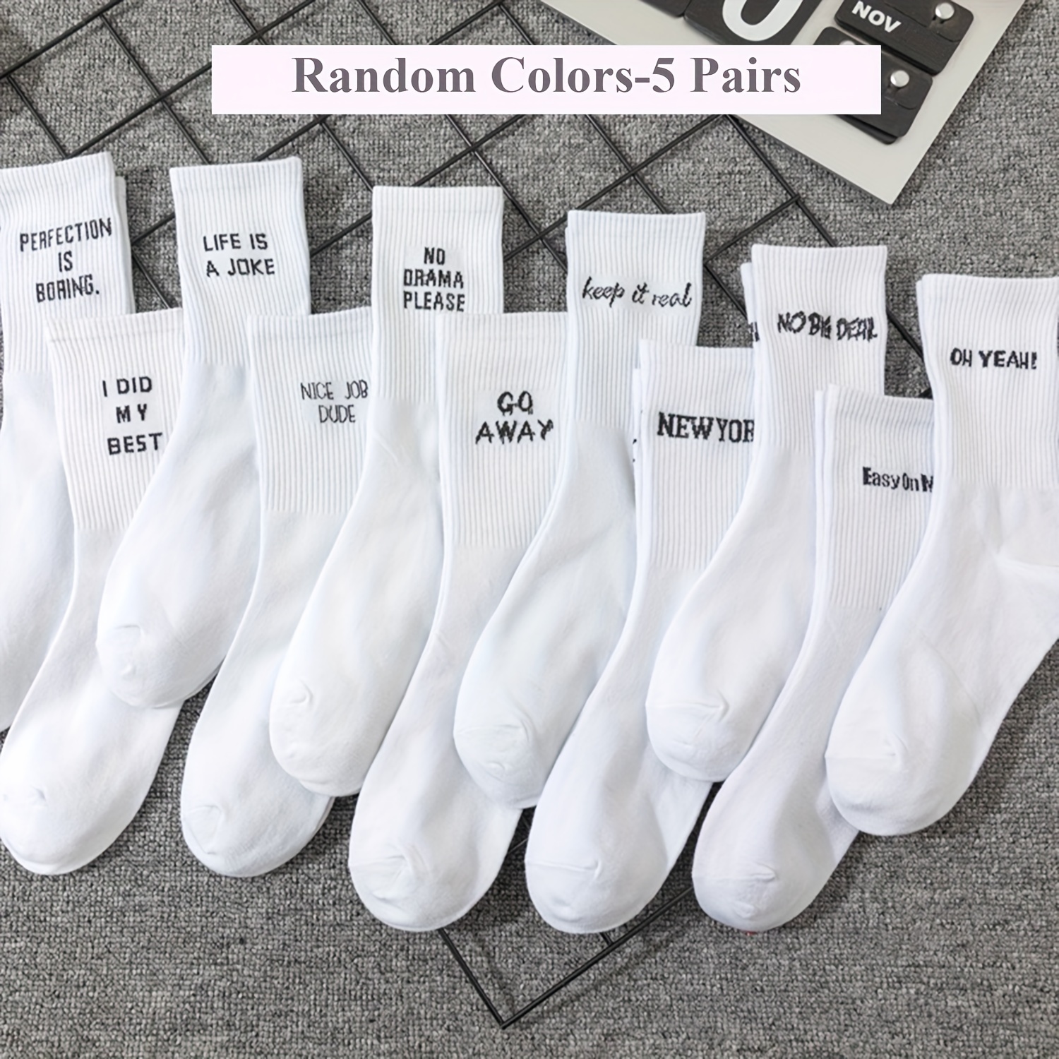 

Lot de 5 Chaussettes Blanches Style Hip Hop - Citations Amusantes & Designs Graphiques, Polyester, Lavables en Machine, Chaussettes Mignonnes