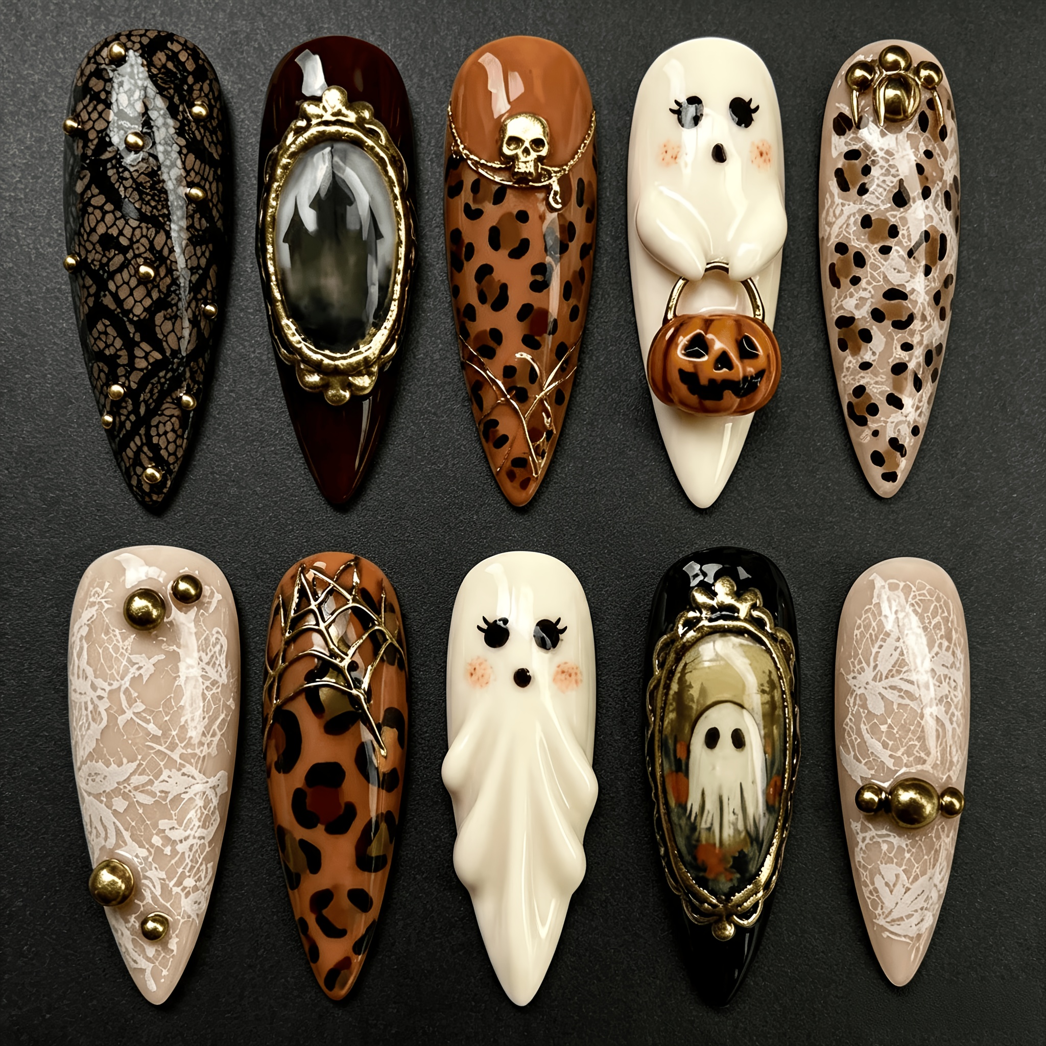 TEMU 10pcs European And American Halloween Long Pointed Wearing Armor 3d Stereoscopic Pumpkin Golden Bead Decoration Lace Leopard Pattern Splicing