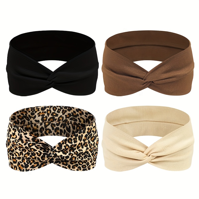 TEMU 4 piezas/set Diademas Elásticas de Moda con Estampado de Leopardo y Color Sólido para Mujer, Conjunto de Cintas para el Pelo Deportivas y