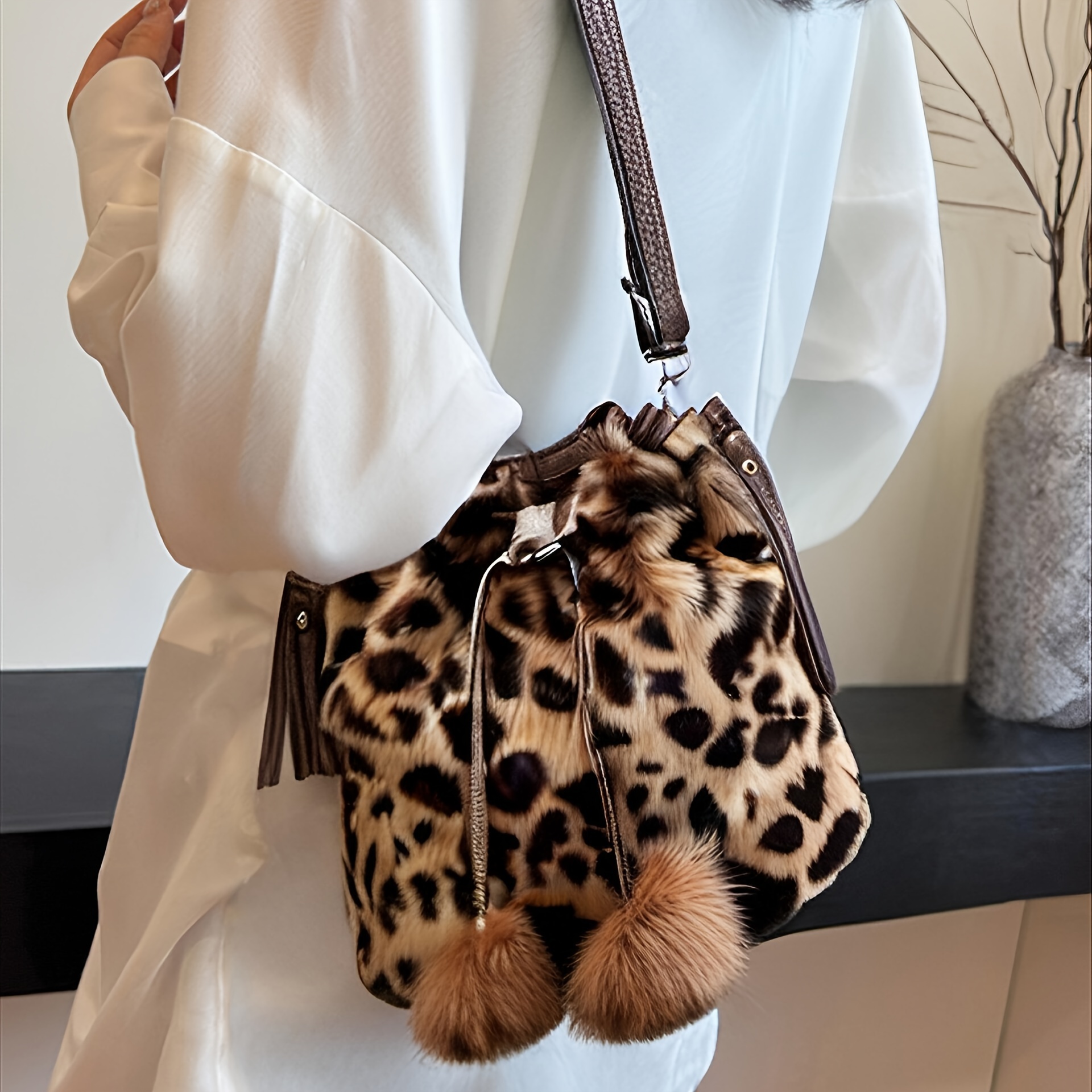 

Chic Leopard Print Fur Bucket Bag With Tassel Accents - Adjustable Strap, Drawstring Closure, Crossbody For Women | Ideal For Work & Casual Attire, Crossbody Purse