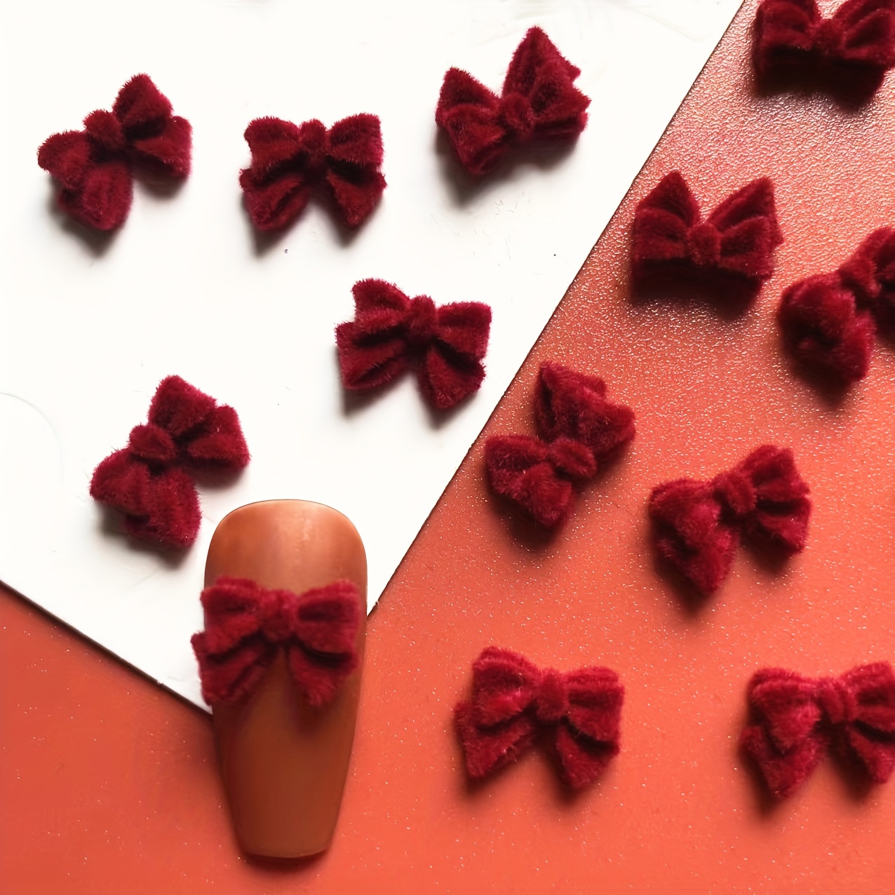 

30pcs Christmas Nail Art Set - 3d Burgundy Velvet Bow Ties & Gloves, Diy Festive Manicure Decorations For Holiday Nails