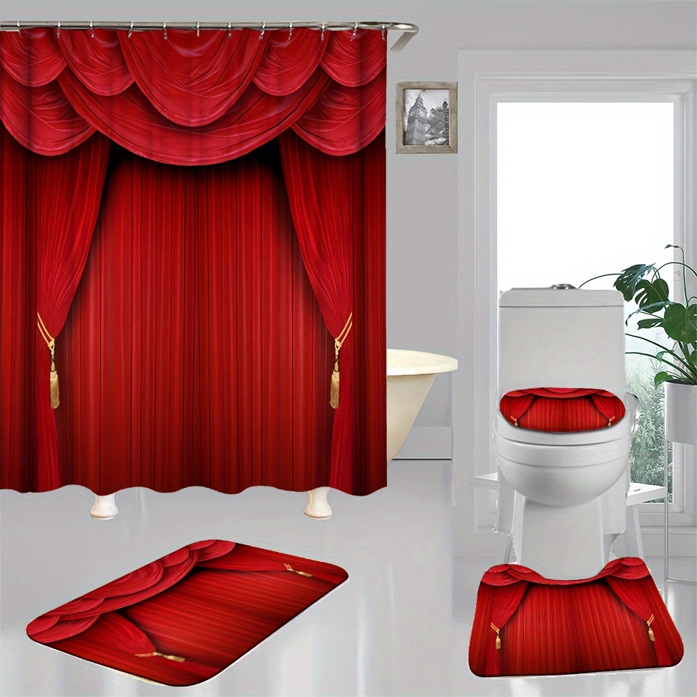 

1/4pcs Red Curtain Pattern Shower Curtain Set, Waterproof Shower Curtain With 12 Hooks, Non-slip Bath Mat, U-shaped Toilet Mat, Toilet Mat, Bathroom Accessories