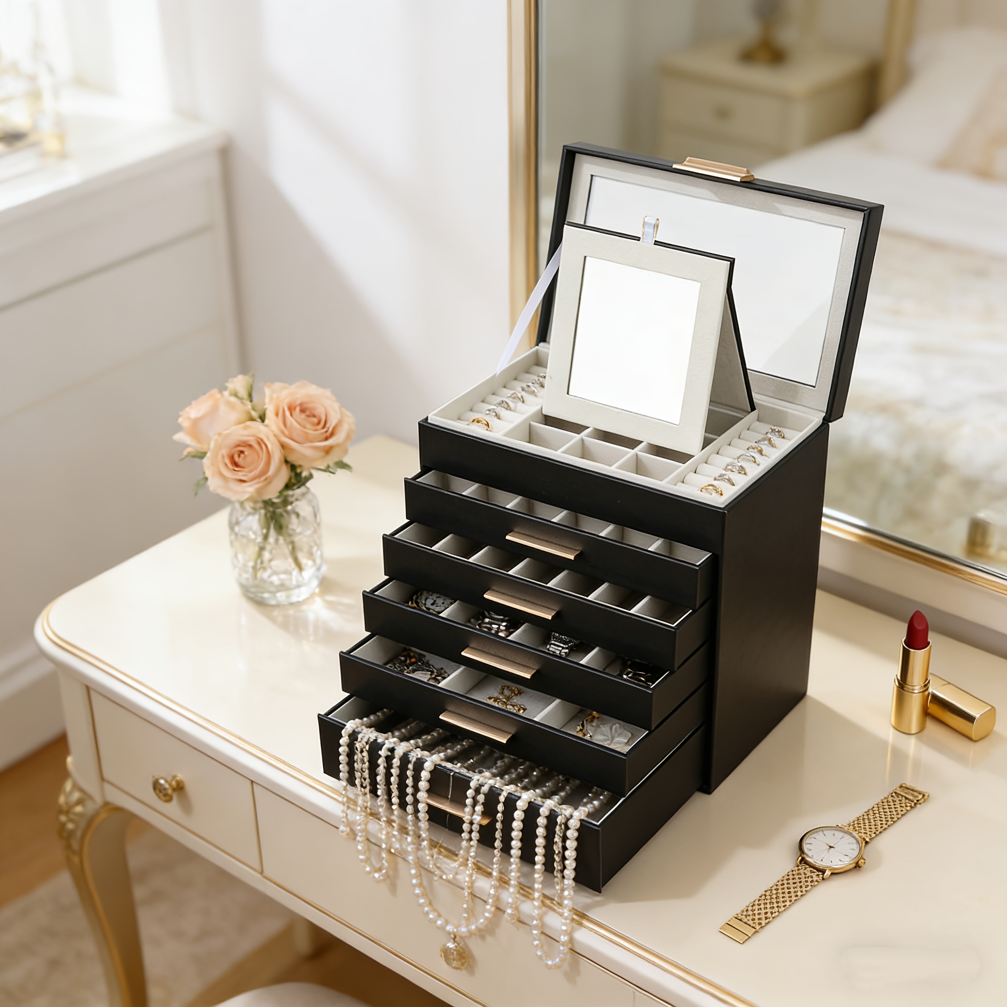 * *. Schmuckkasten, ideal zur Aufbewahrung verschiedener Arten von Schmuck, organisiert mit einem transparenten Deckendesign, 5-stöckiger Schubladen für kategoriale Aufbewahrung, geräumige