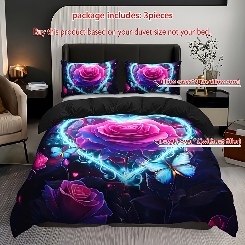 Image of 3pcs Purple Heart Rose Duvet Cover Set (1 Duvet Cover + 2 Pillowcases, Excluding Pillow Inserts), High-definition Print For Home Or Dorm Use.