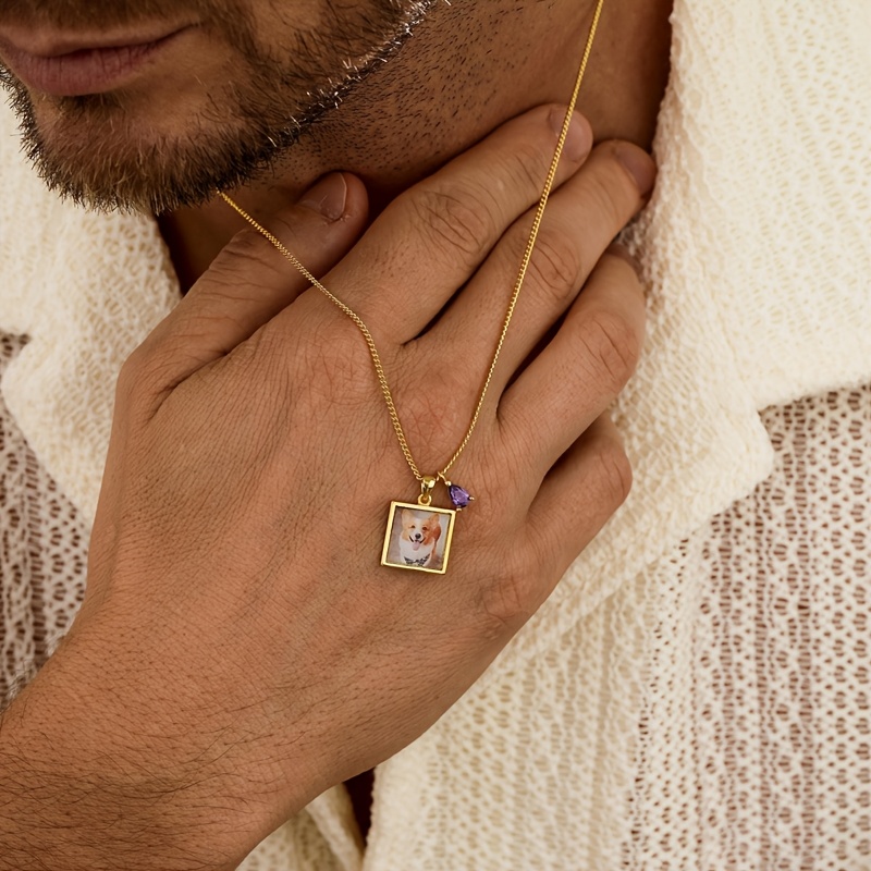 Custom Square Photo Birthstone Necklace — 18K Gold-Plated Gift
