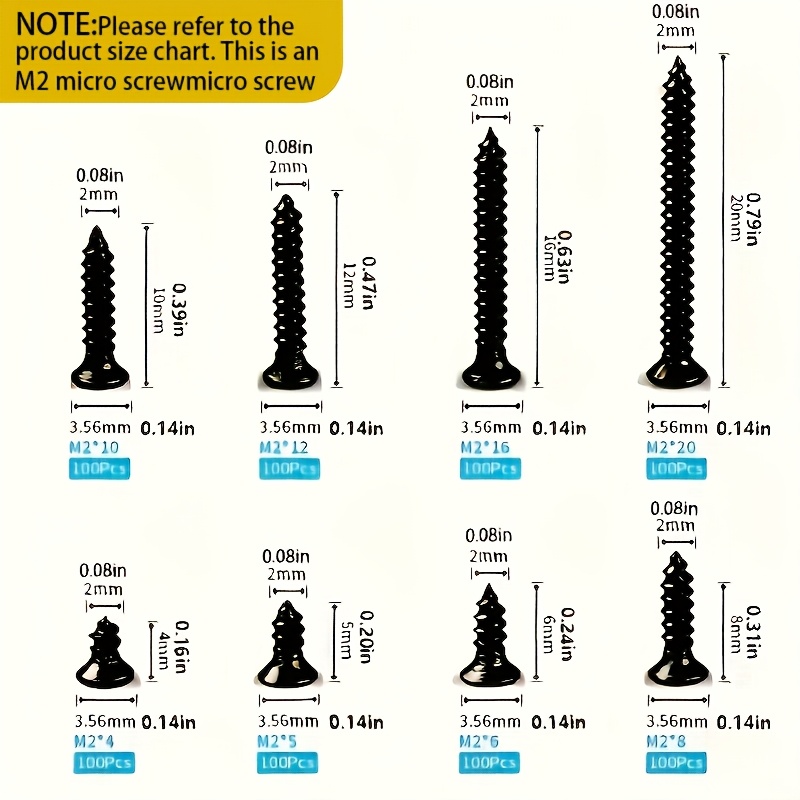 TEMU 800pcs Self-tapping Screw Set, M2 Mini Self-tapping Screw Set, Black Oxide Metal Phillips Drive Screws, Sizes, Self Screws Assortment Nuts Screw