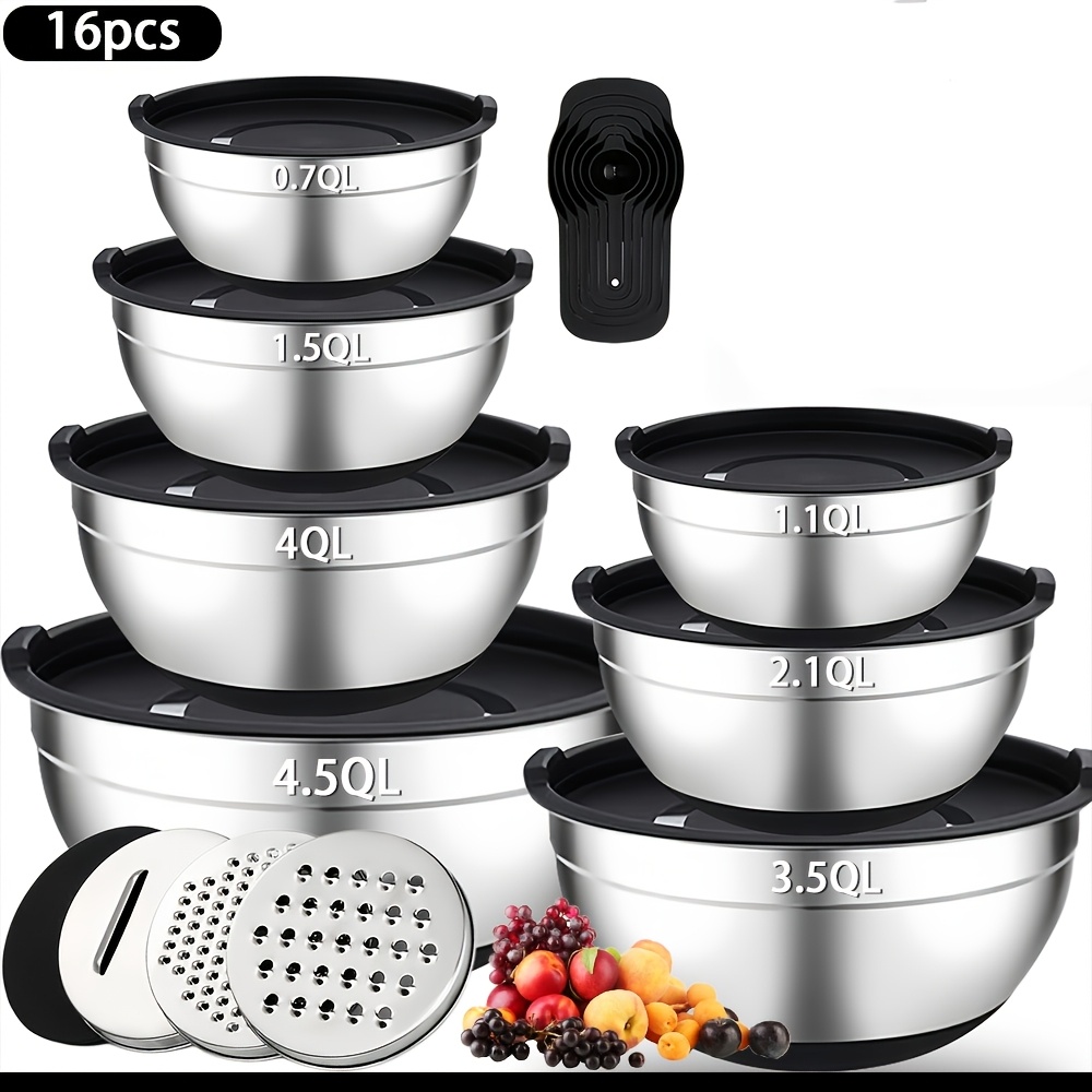 Image of 16 Stainless Steel Mixing Bowls With Black Lids And Kitchen Utensils, Silicone Base, With Shredding Attachment, Nestable, Dishwasher Safe, For Food Storage, Meal Preparation, Making Salads, Etc