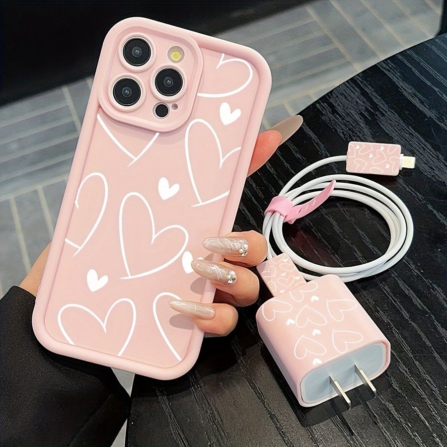 

5pcs Set, 1 Pink Mobile Phone Case Heart Print + 1 Charger Protective Case + Cable Tie, 2 Protective Cases, Anti-fall Ladder, Suitable For Iphone16promax/15/14plus/13/12/11 Protective Case