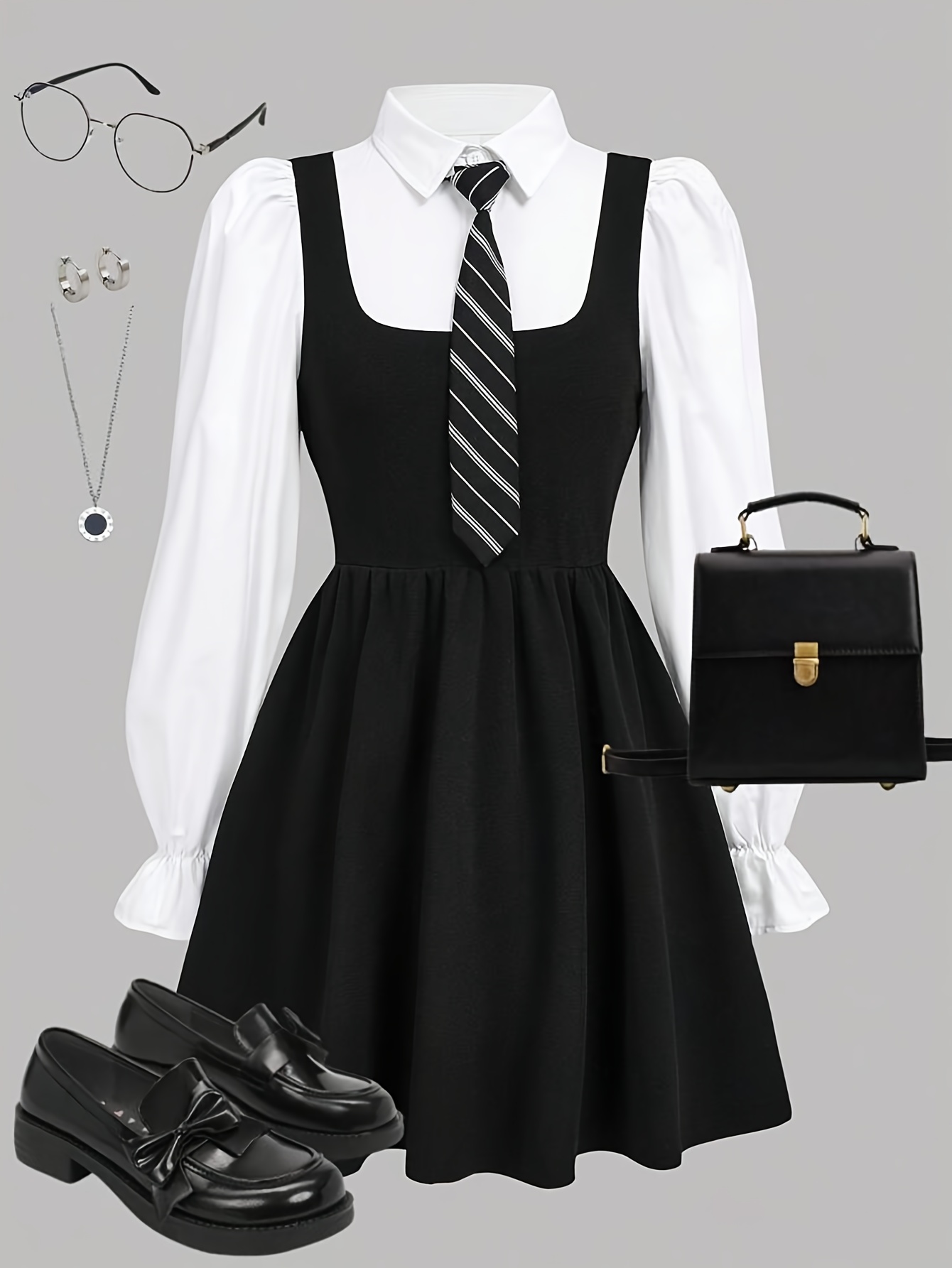 a stylish and casual elegant long sleeve dress for girls featuring an independent detachable tie detail two tone splicing and a collar design suitable for school vacation parties travel