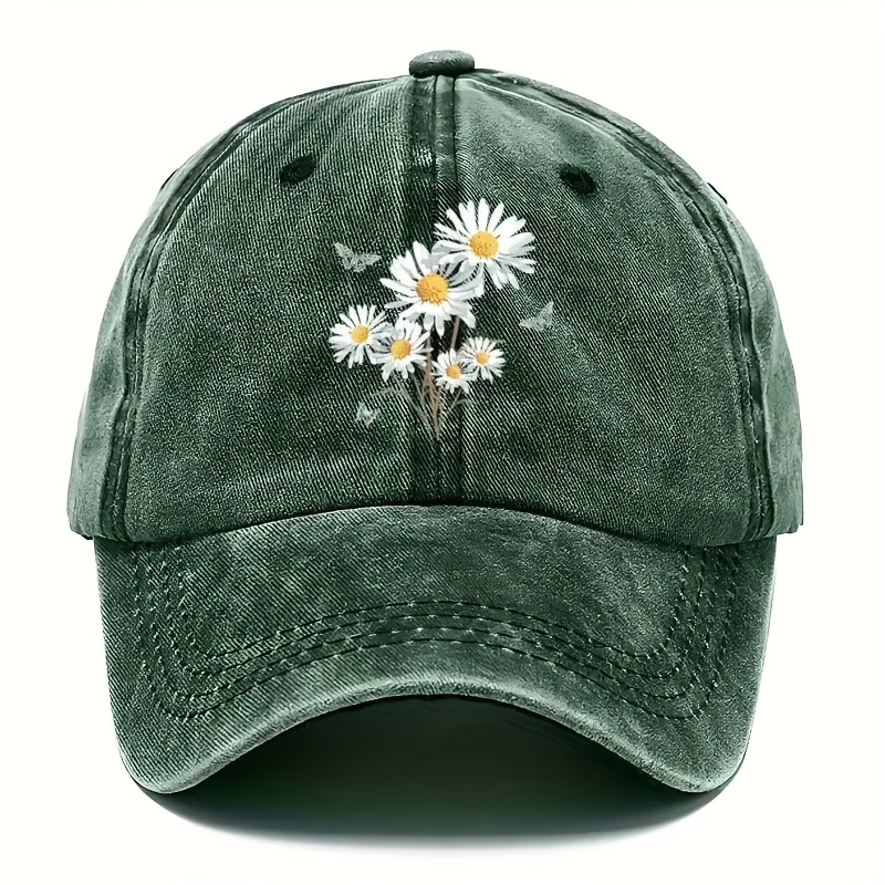 E-shop Unisex Vintage Washed Baseball Cap - Verstellbarer Leichter Atmungsaktiver Dad Hut mit "Daisy Print Design", Geeignet für Outdoor-Sport