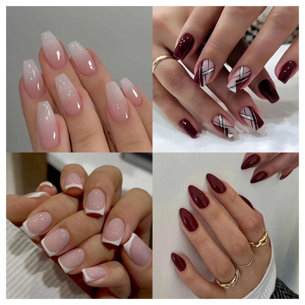 TEMU 96pcs Of Red And Golden Glitter Ballet Long Coffin Style Fake Nail Set - Geometric Patterns, Mixed Tones, With - Including Jelly Glue And Nail Files, Suitable For Women' Nail Art