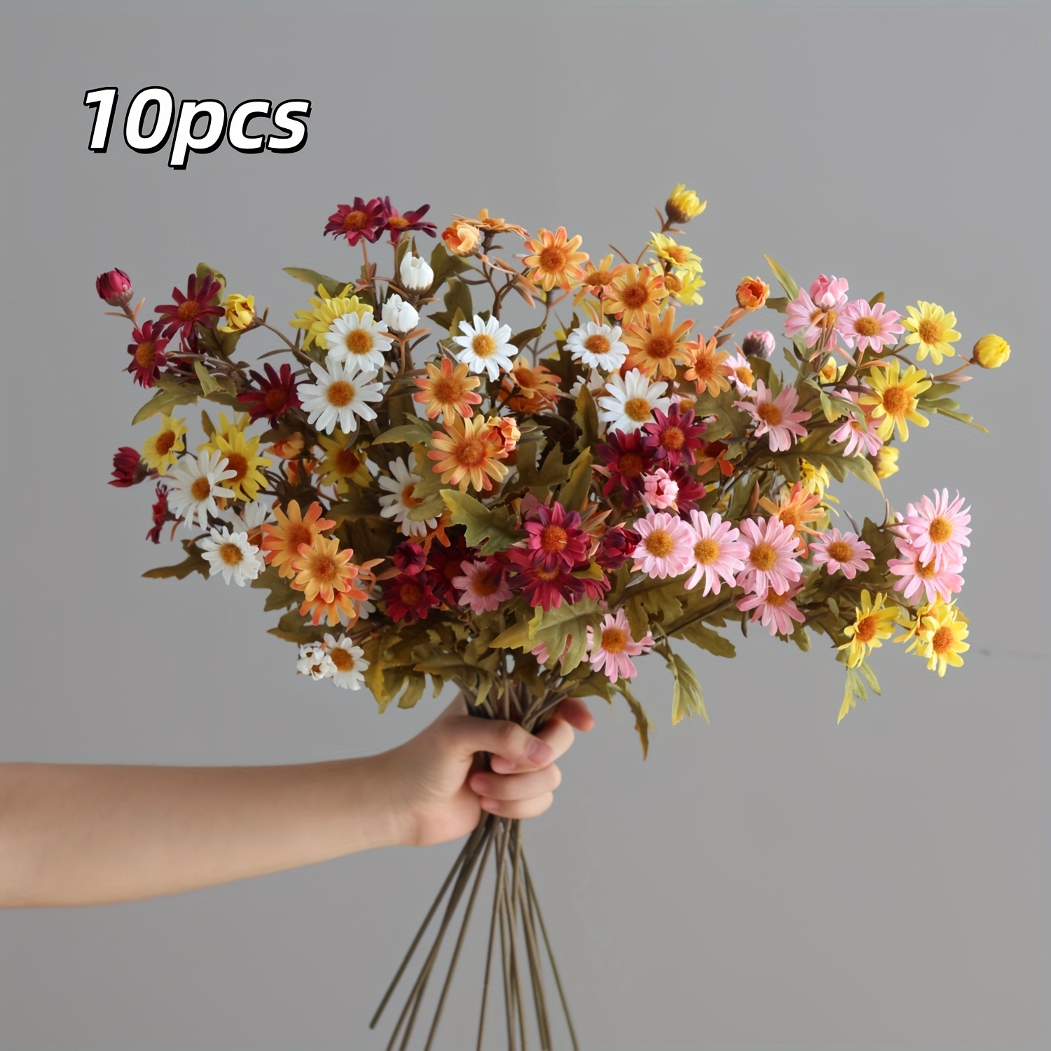 Image of 10pcs Assorted Colors Long Branch Autumn Daisy Small Chrysanthemum Artificial Flowers Fake Flowers Silk Flowers, Suitable For Home Room Bedroom Decoration, Wedding Table Centerpiece Decoration