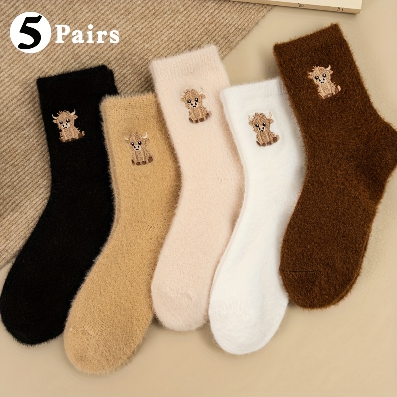 TEMU 5-pack Women' Color Mid-calf Socks, Thickened Warm Floor Socks, Maternity Sleep Socks, Soft Comfortable Breathable, Autumn Winter Warm Socks,