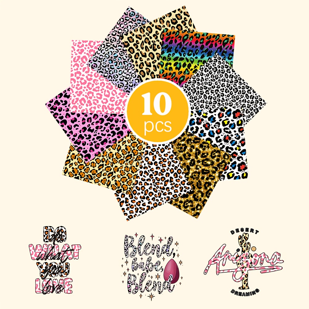 E-shop 10 Stück Bunte Leopardenmuster Bügelbilder, 12" x 9.8", DIY Vinyl-Transferfolien für Kleidung, T-Shirts, und Hüte