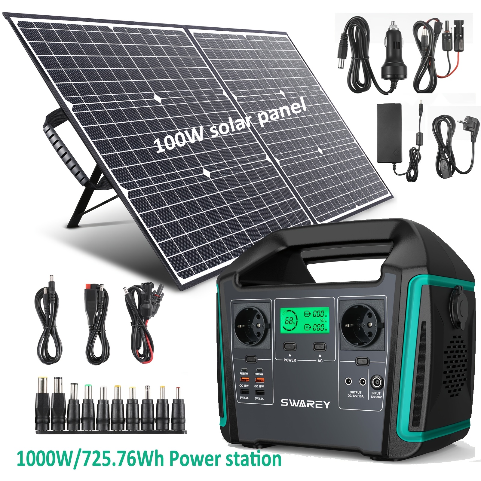 Swarey Power Station 1000w With 100w Solar Panel, 725.76wh Solar Generator Battery Backup 2 X 1000w Ac Output, 2 X 65w Usb-c