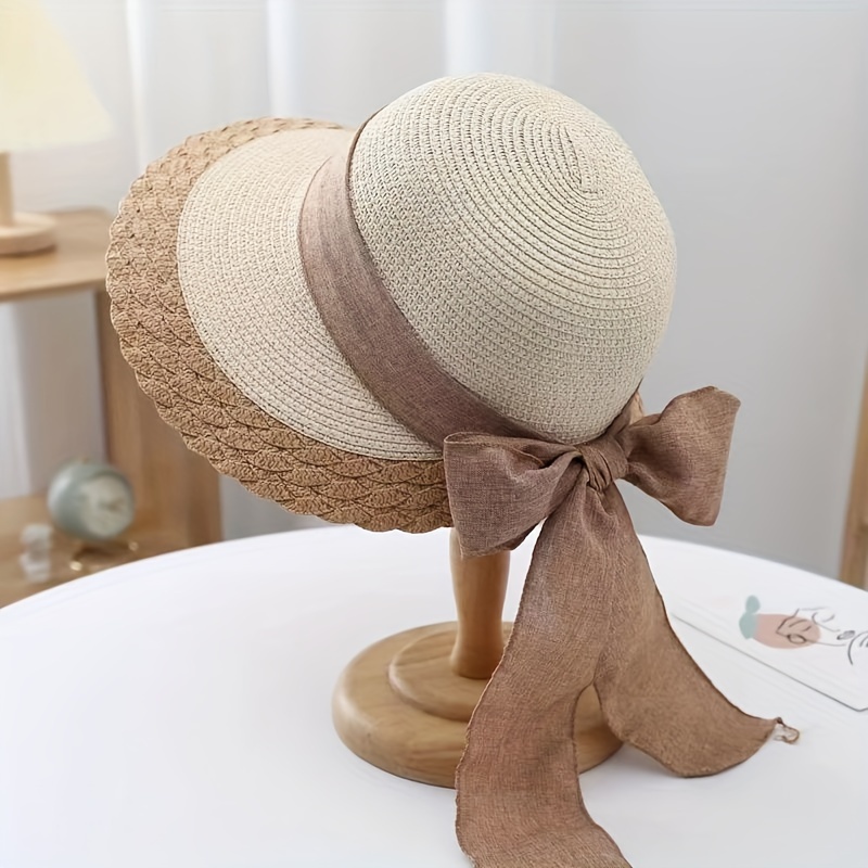 Women's Trendy Bow Design Straw Hat Large Brimmed Beach Sun - Temu