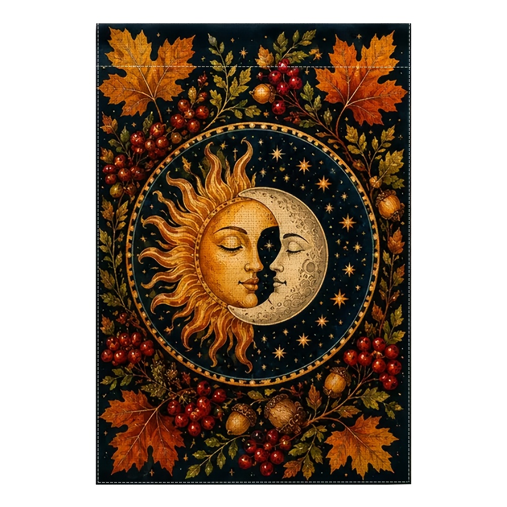 TEMU 2d Flat, 1pc, 2d Flat, Autumn Equinox Garden Flag, Sun Yard Decor, Botanical Porch Flag, Pagan Witchy Fall Gift, 12x18 Inch, Perfect For Fall