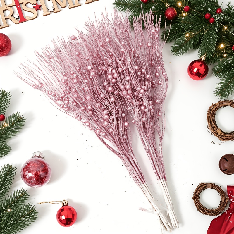 TEMU 3 Stk. künstliche Glitzer-Beerenzweig-Ornamente, dekorative Perlenstäbe, glänzende Zweige, Steckstäbe, , geeignet für Weihnachtsbäume, kleine
